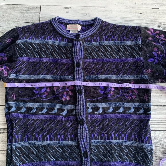 Vintage Woodward's Black Purple Stripe Floral Knit Button Up Cardigan Sweater - Picture 10 of 15
